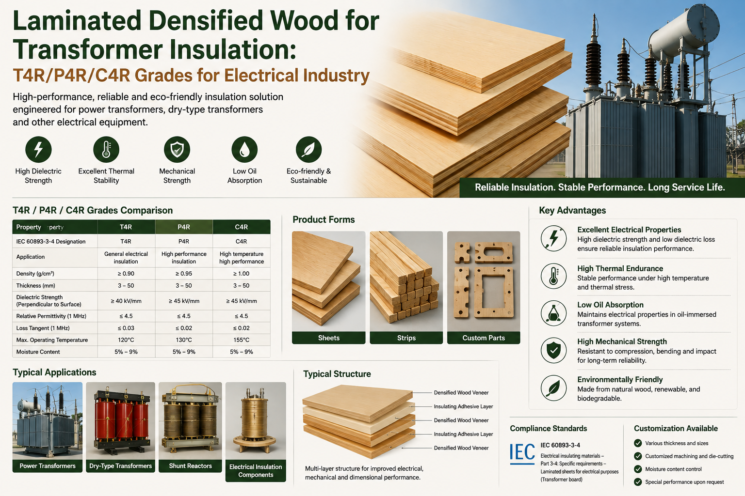 Laminated Densified Wood for Transformer Insulation: T4R/P4R/C4R Grades for Electrical Industry